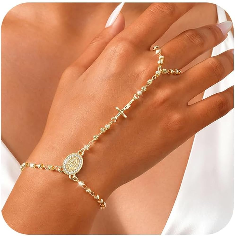 Gold Rosary Hand Chain Bracelet - 14k Gold Plated Virgin Mary Ring Bracelets,Non Tarnish Dainty G... | Amazon (US)