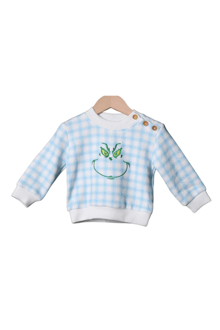 Embroidered Grouch Blue Gingham Cardigan Pullover | The Smocked Flamingo