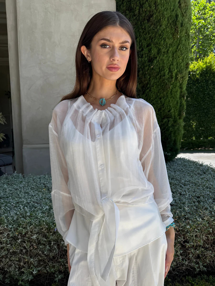 Sherry Sheer Long Sleeve Top with Pleated Neckline - Cream | Benaar La