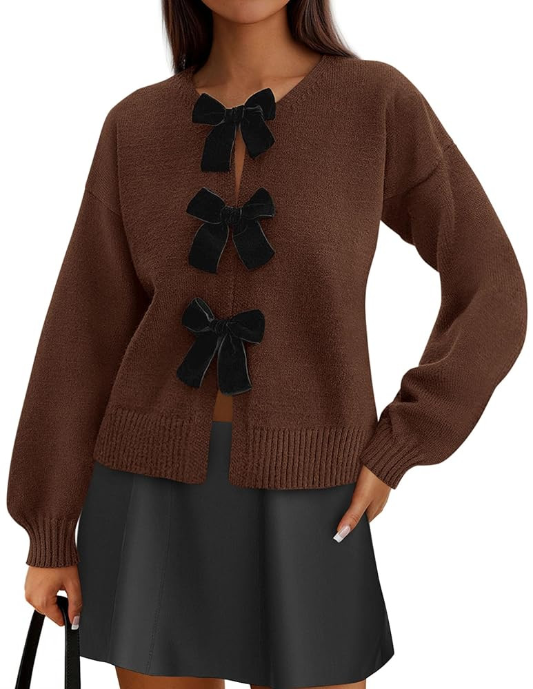 PRETTYGARDEN Cardigan Sweaters for Women Fall Fashion 2025 Bow Tie Front Long Sleeve Knit Sweater... | Amazon (US)