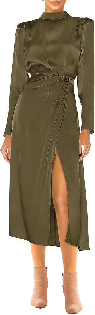PRETTYGARDEN Women's 2023 Fall Satin Dress Long Sleeve Mock Neck Ruched Side Slit Elegant Silk Co... | Amazon (US)