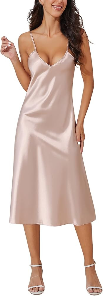Litherday Silk Nightgown for Women Long Satin Slip Dress Nightdress Silky Chemise Nightie Soft V ... | Amazon (US)