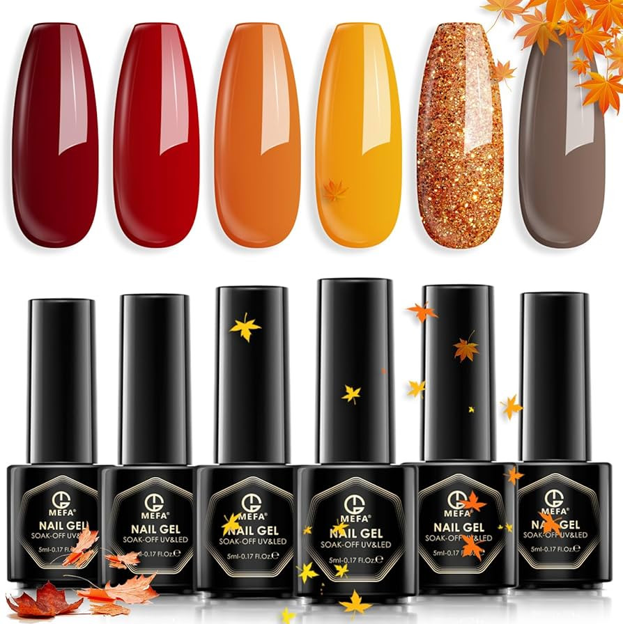 MEFA Fall Gel Nail Polish Set 6 Colors, Autumn Shades Helloween Orange Red Brown Glitter Yellow S... | Amazon (US)