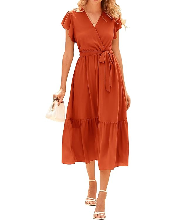 BTFBM Women Summer Bohemian Floral Casual Wrap V Neck Ruffle Cap Sleeveless Belt A-Line Pleated H... | Amazon (US)