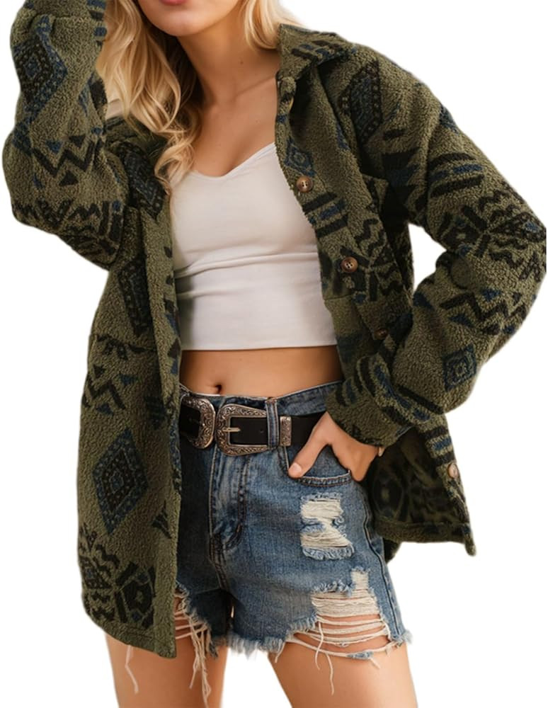 Aztec Print Fleece Jacket for Women Long Sleeve Western Coats 2024 Fall Casual Button Down Shacke... | Amazon (US)