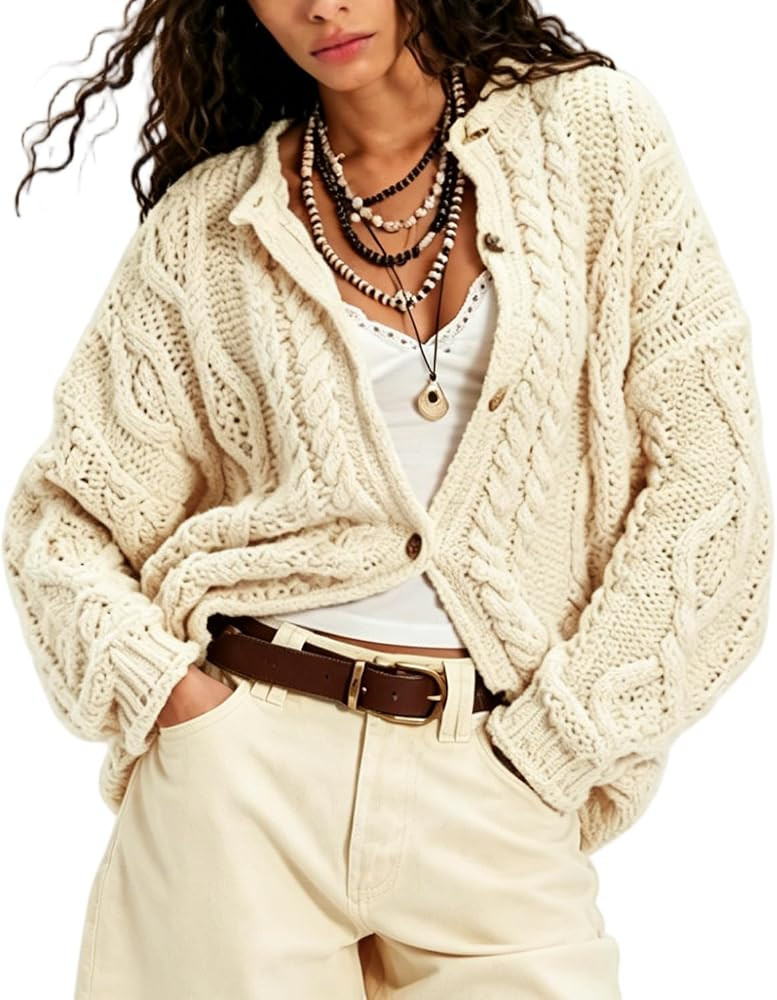 Womens Cable Knit Cardigan Oversized Button Down Casual Sweater | Amazon (US)