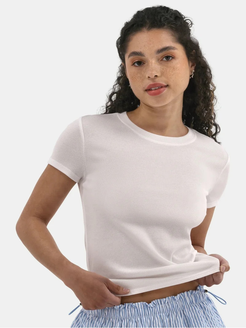 No Boundaries Ribbed Crewneck Tee with Short Sleeves, Women's | Walmart (US)