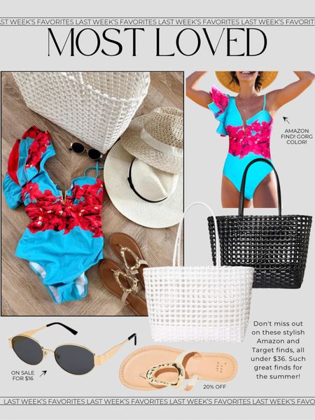 Most loved swimsuit, tote and sunnies! LOTS on sale!✨ The color of the swimsuit is absolutely GORG! 

Summer outfit. Sandals. Target finds. Beach outfit. Tote bag. Amazon finds.

#LTKFindsUnder50 #LTKSwim #LTKSaleAlert