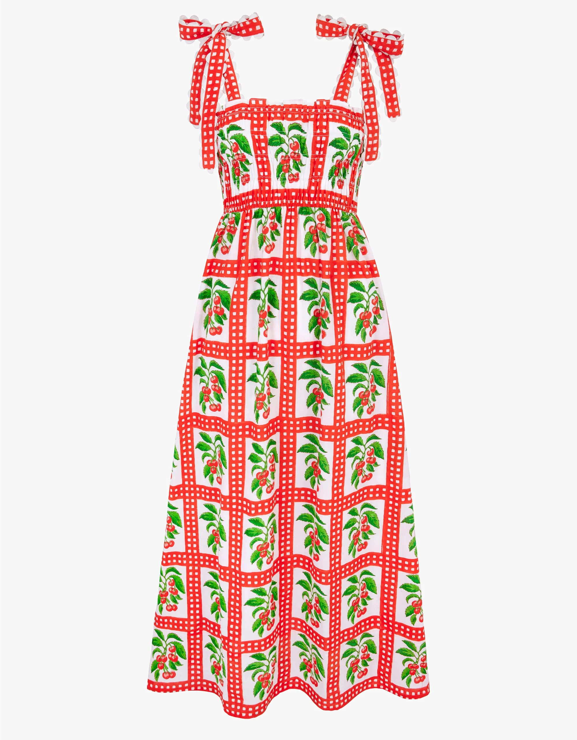 Immy Dress | Red, White Gingham Cherry Midi | Block Print Cotton | Pink City Prints UK