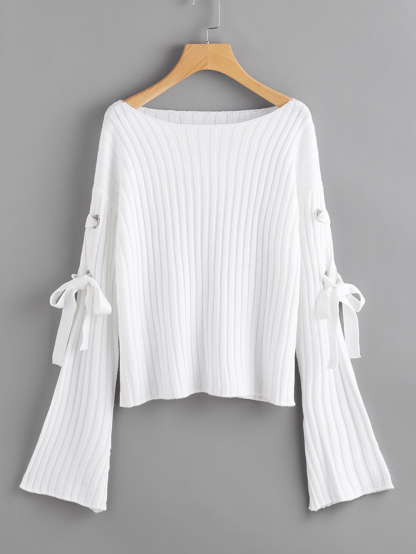 Eyelet Lace Up Fluted Sleeve Ribbed Jumper | SHEIN