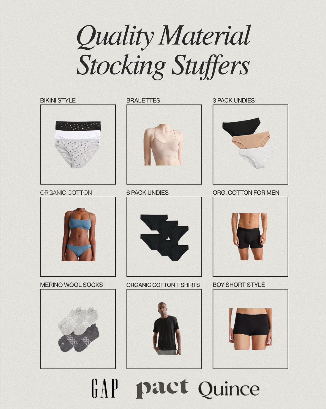 Quality materials! Organic cotton underwear where it counts!! and wool/cotton socks! 
Quince code: INFG-25HEYASHTYNBROOKE10

Pact code: ASHTYNB15