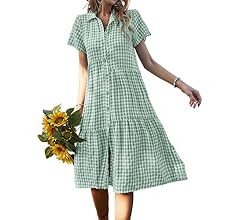 Vaiaye Women Dress Smock Plaid Midi Dresses A Line Lapel Gingham Midi Dress Short Sleeve Loose Sh... | Amazon (US)