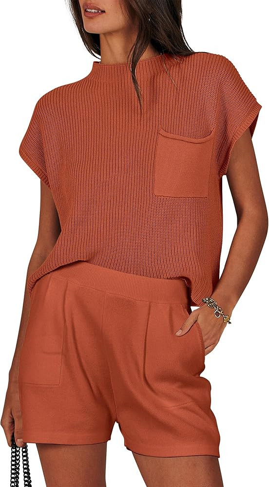 ANRABESS Women's Two Piece Summer Outfits Knit Sweater Short Sets Pullover Tops & Shorts Lounge M... | Amazon (US)
