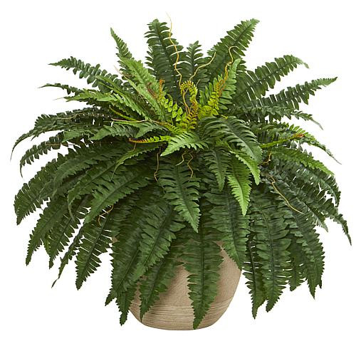 Nearly Natural 22"" Boston Fern Artificial Plant in Sandstone Planter | HSN