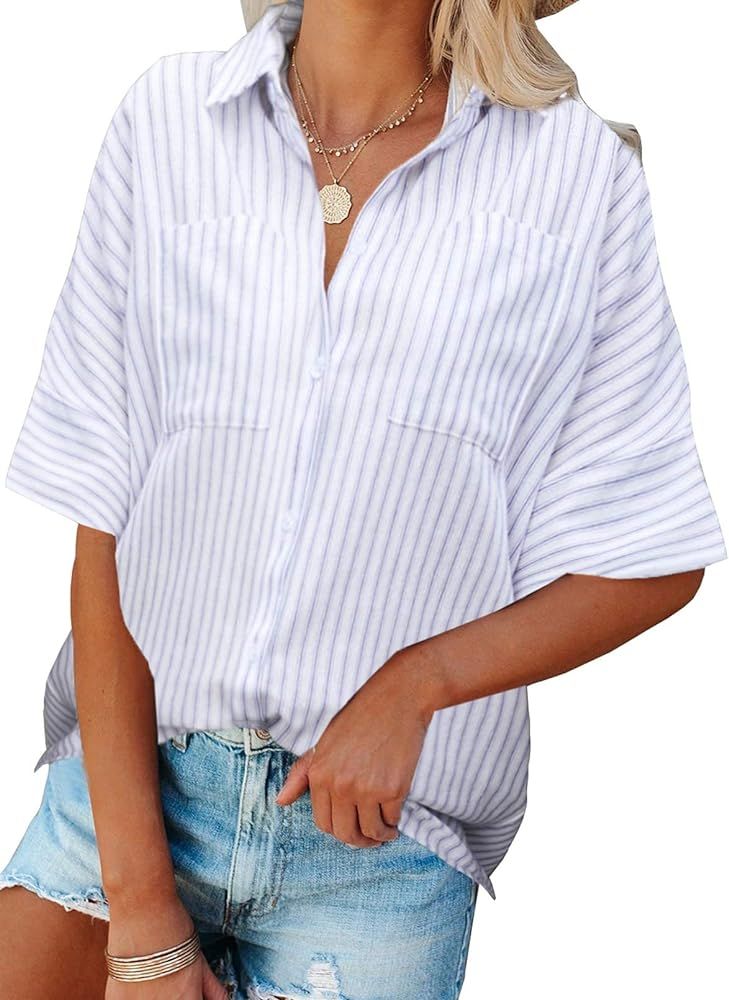 Astylish Women's V Neck Roll up Sleeve Button Down Blouses Top | Amazon (US)