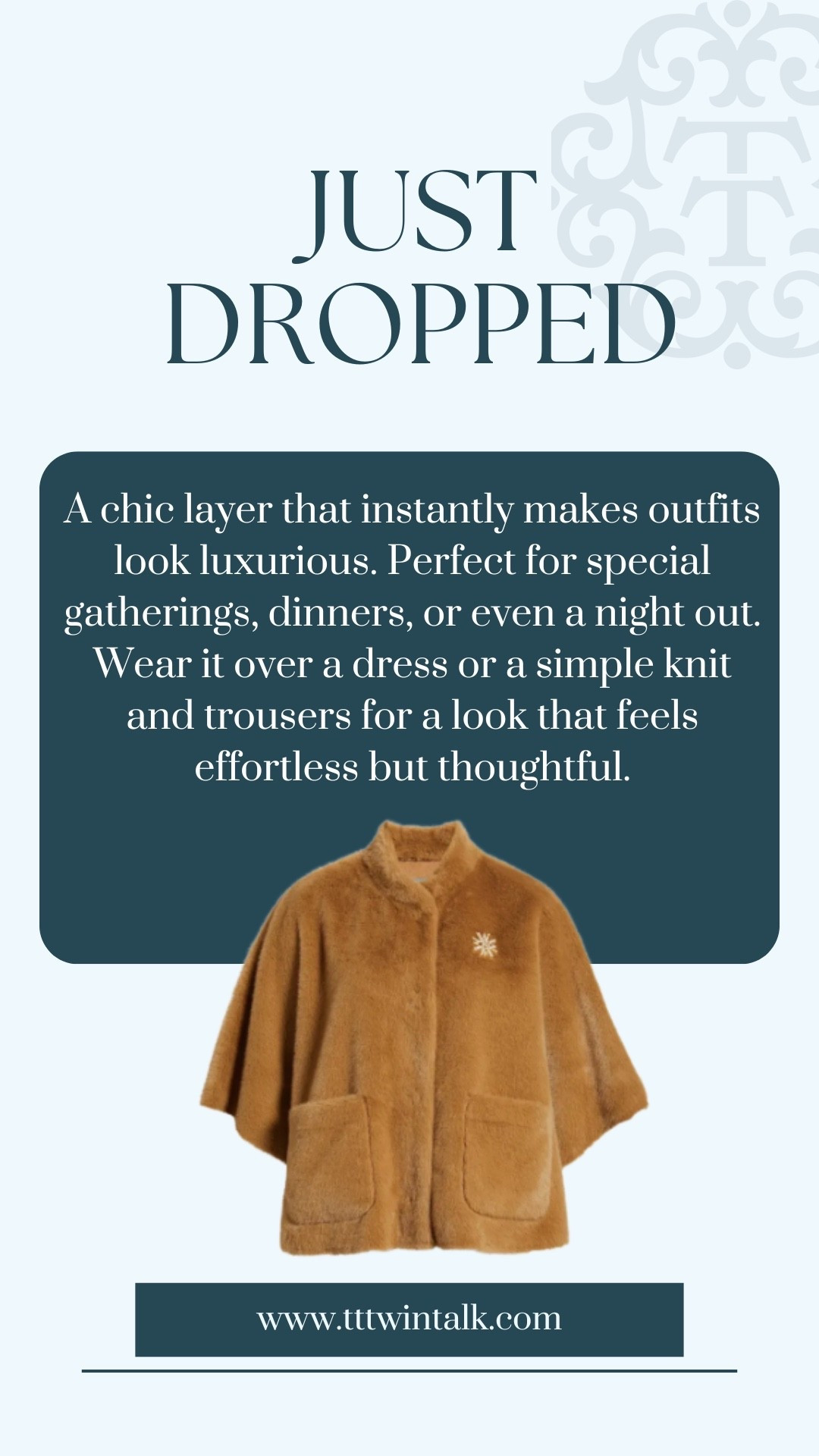 A chic layer that instantly makes outfits look luxurious. Perfect for special gatherings, dinners, or even a night out. Wear it over a dress or a simple knit and trousers for a look that feels effortless but thoughtful.