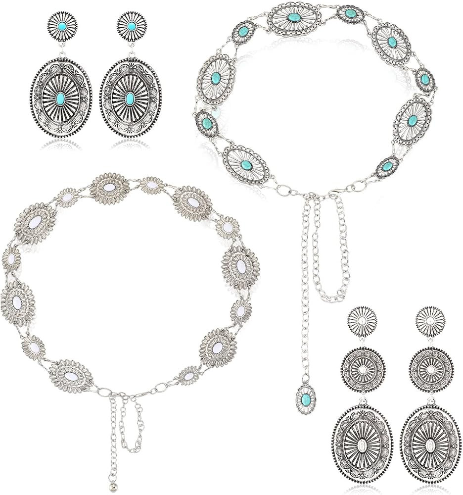 4 Pcs Turquoise Chain Belt Concho Statement Post Earrings Set 2 Metal Waist Western Belts 2 Pairs... | Amazon (US)