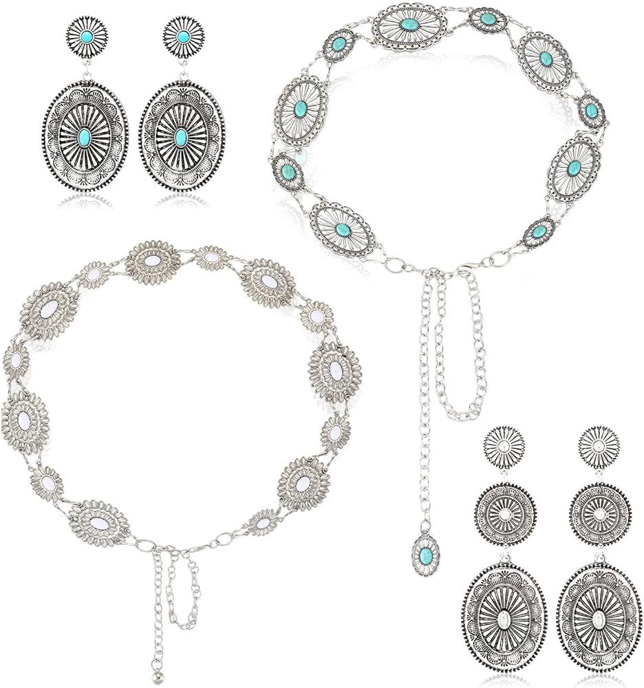 4 Pcs Turquoise Chain Belt Concho Statement Post Earrings Set 2 Metal Waist Western Belts 2 Pairs... | Amazon (US)