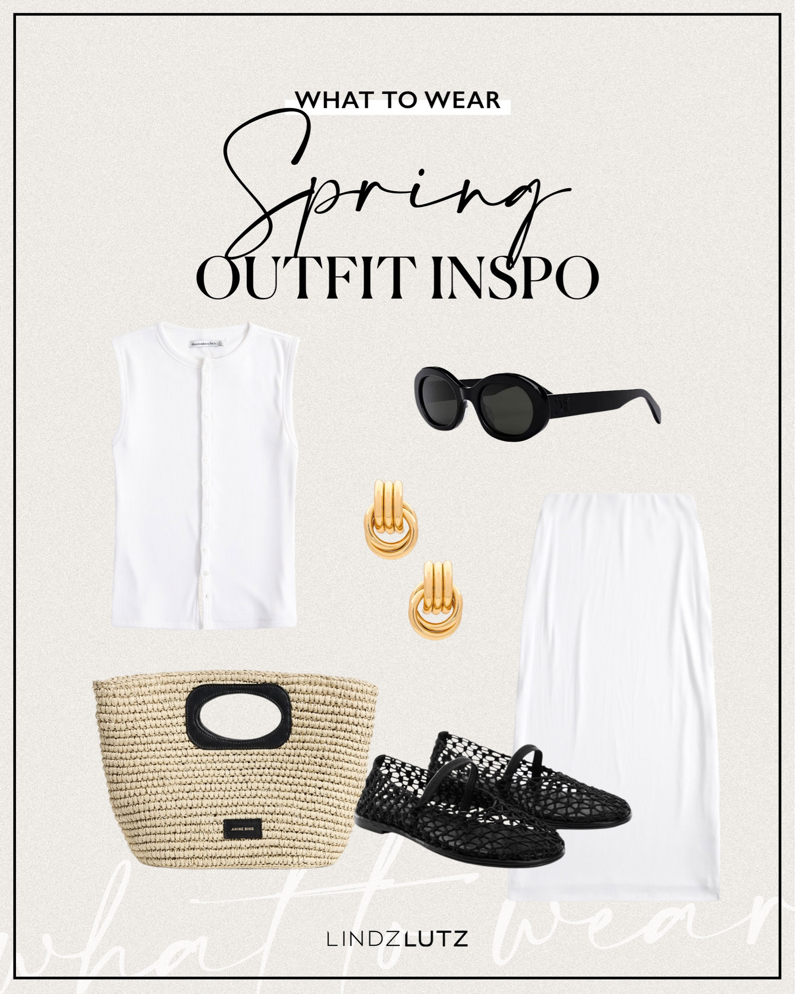 Spring Outfit Inspo 🤍 What I’m Wearing This Spring: white skirt and tank set, woven tote bag, black mesh ballet flats, gold earrings and black oval sunglasses

#LTKstyletip #LTKSeasonal