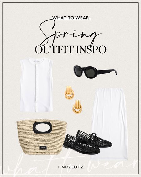 Spring Outfit Inspo 🤍 What I’m Wearing This Spring: white skirt and tank set, woven tote bag, black mesh ballet flats, gold earrings and black oval sunglasses

#LTKstyletip #LTKSeasonal