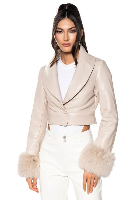 GISELE FAUX FUR CROP CROC MOTO JACKET IN IVORY | AKIRA