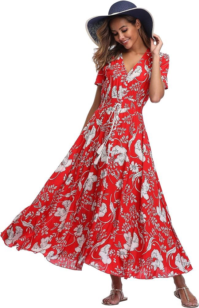 Women's Floral Maxi Dresses Boho Button Up Split Beach Party Dress | Amazon (US)