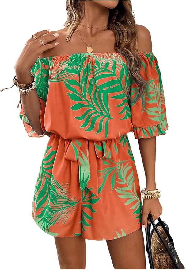 Milumia Women's Off The Shoulder Romper Boho Elastic Waist Shorts Jumpsuit Dressy Casual Vacation... | Amazon (US)