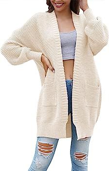 Pink Queen Women's Long Sleeve Oversized Open Front Knit Cardigan Sweater Outwear with Pockets | Amazon (US)