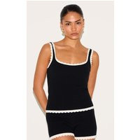 Petite Black Knitted Scallop Edge Scoop Tank Top | PrettyLittleThing US