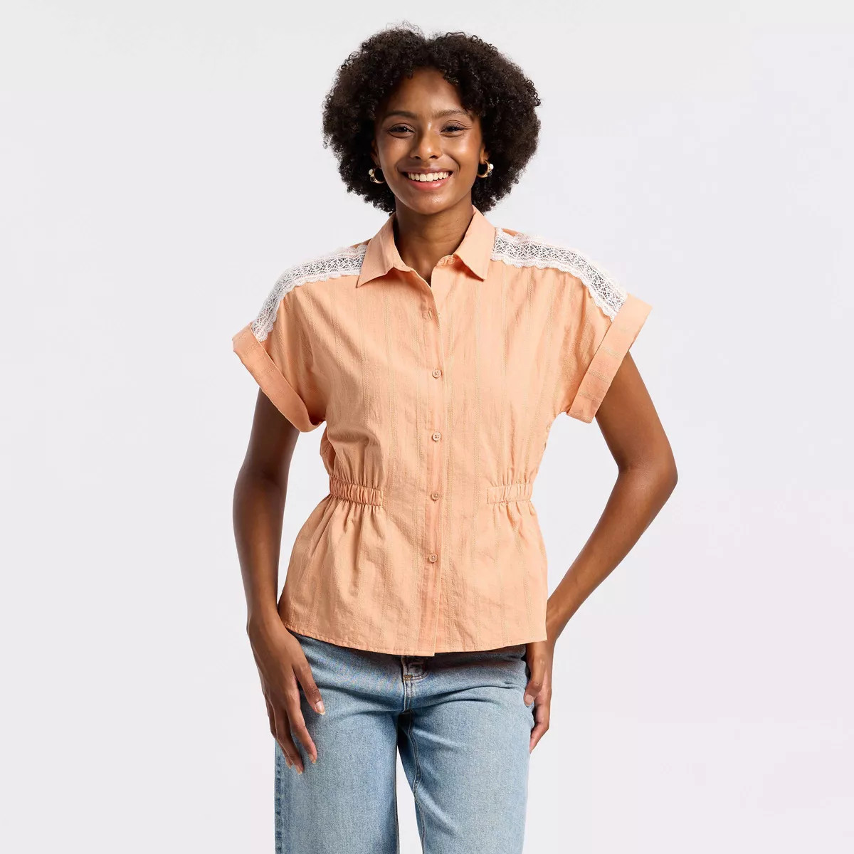 Women's Short Sleeve Shoulder Lace Trim Blouse - Universal Thread\u2122 Orange XS | Target