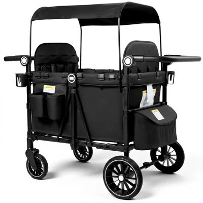 4-Seater Foldable Wagon Stroller with Canopy and Adjustable Handle for Kids,Black | Wayfair North America