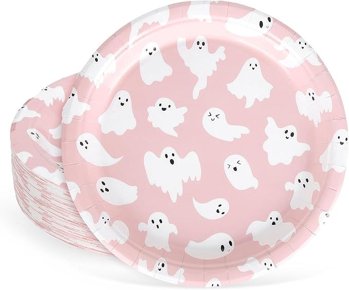 Whaline 40Pcs Halloween Paper Plates Pink Ghost Disposable Plates 9 Inch Cute Cartoon Ghost Decor... | Amazon (US)