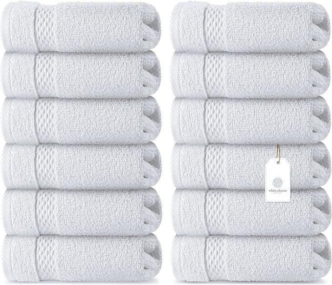 WhiteClassic Luxury Cotton Washcloths - Large Hotel Spa Bathroom Face Towel | 12 Pack | White | Amazon (US)