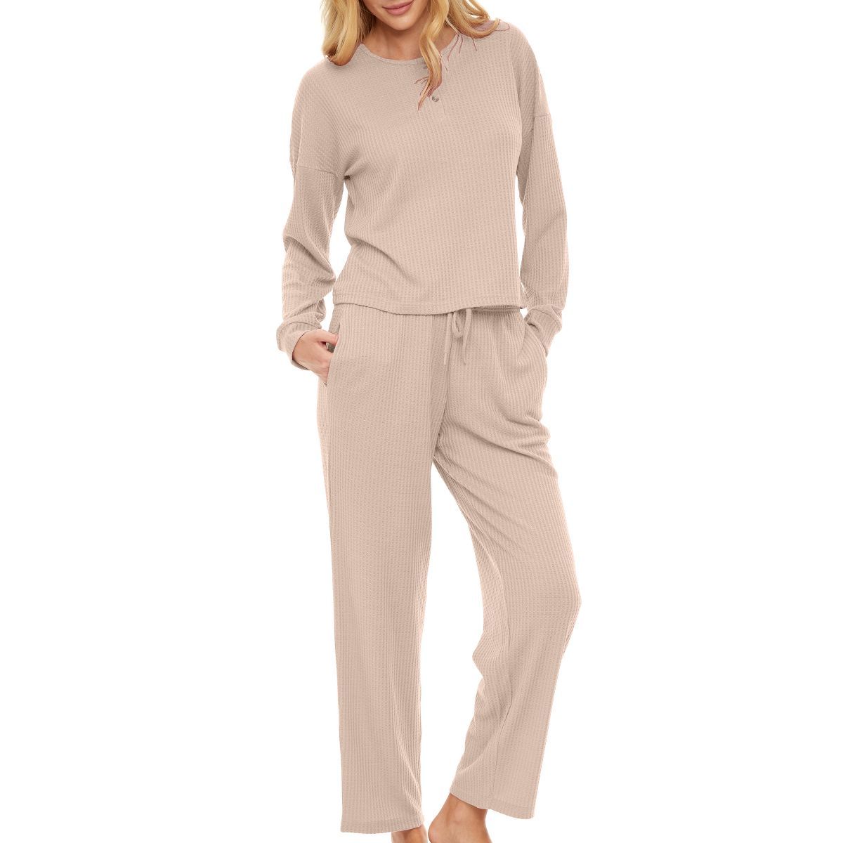 Women's Soft Ribbed Waffle Rib Knit Henley Pajamas Lounge Set, Lounge Sleeve Top and Pants with P... | Target