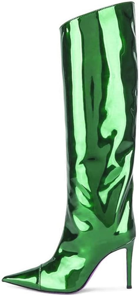 Yolkomo Women's Knee High Boots Sexy Pointed Toe Stiletto High Heel Boots Metallic Leather Zipper Bo | Amazon (US)