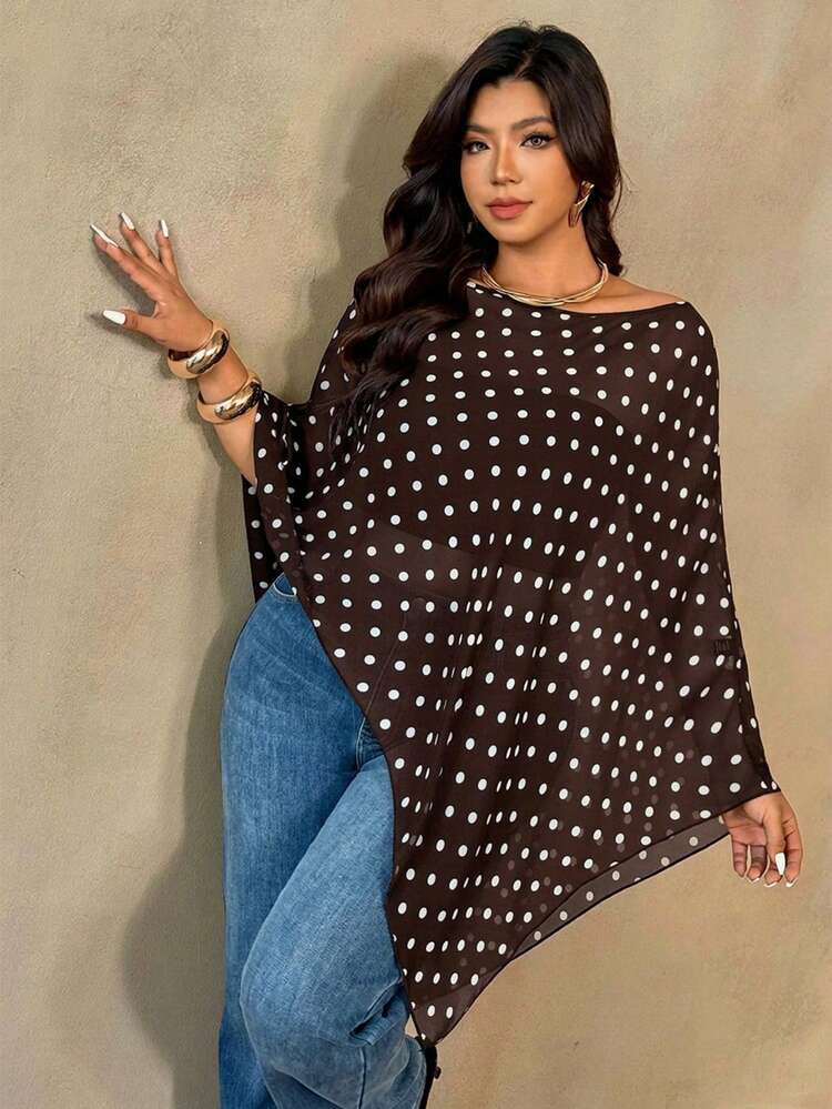 Plus Size Women Polka Dot Asymmetric Hem Fashionable Blouse | SHEIN