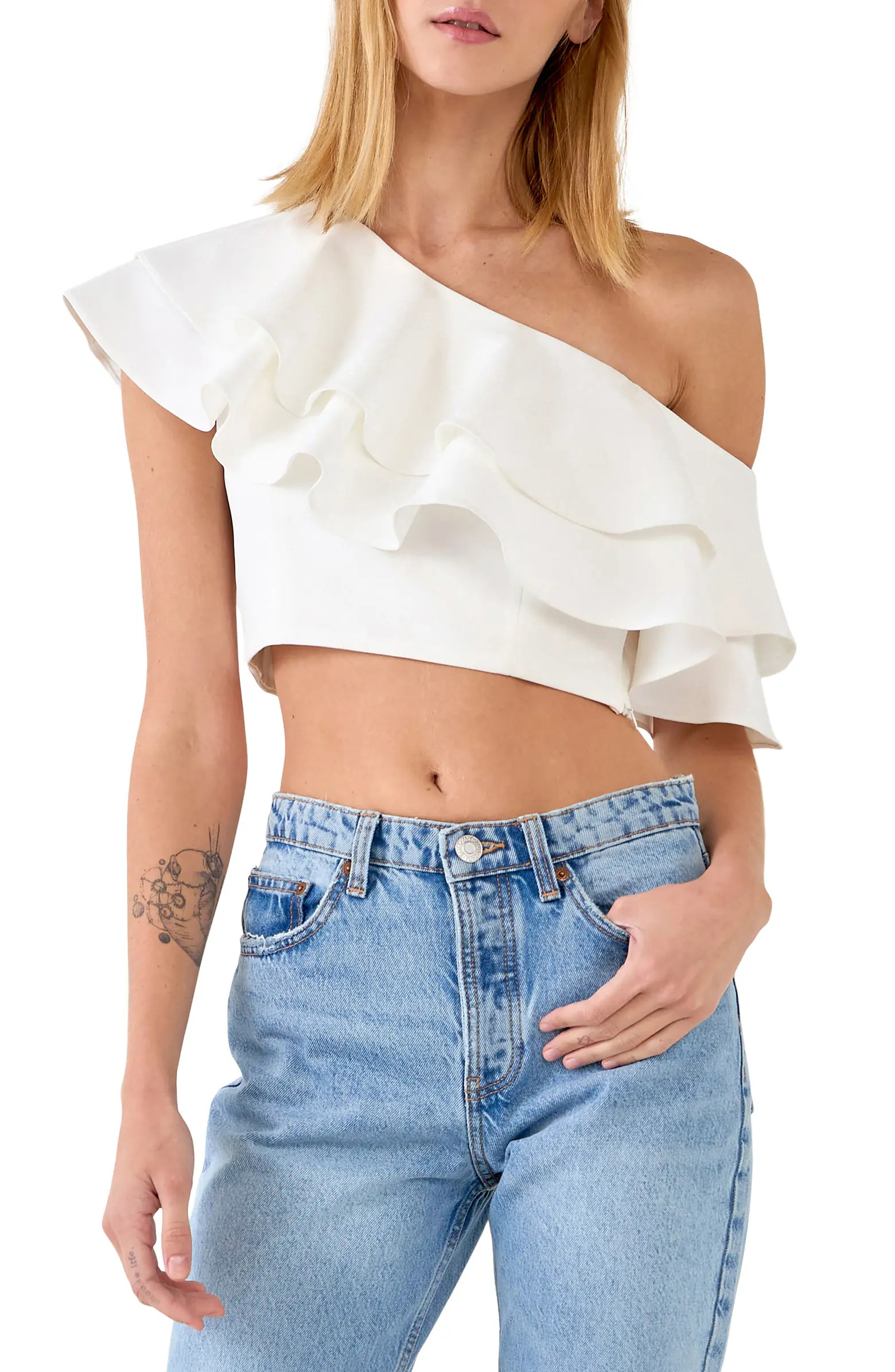 Endless Rose Ruffle One-Shoulder Crop Top | Nordstrom | Nordstrom