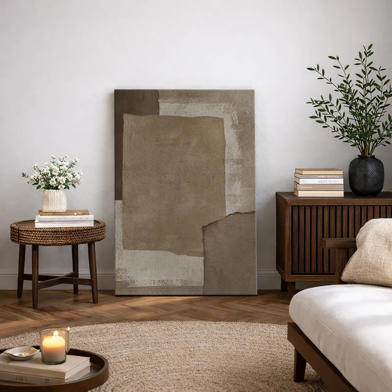 Neutral Earth Tone Abstract Artwork, Minimalist Modern Rustic Wall Pictures, Large Framed Canvas ... | Wayfair North America