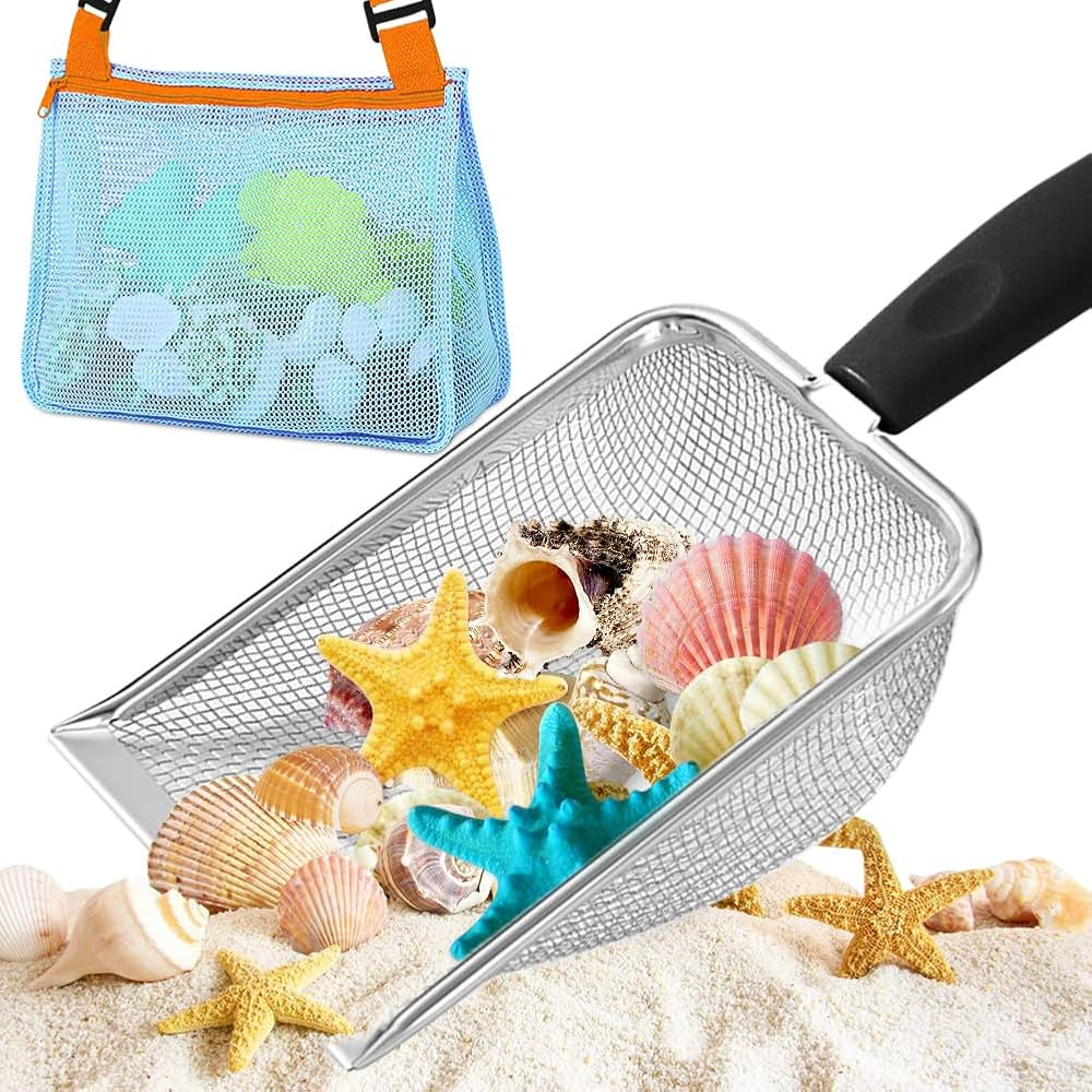 PLACHIDAY Beach Mesh Shovel, Shark Tooth Sifter Dipper with Mesh Beach Bag for Shell Collecting, ... | Amazon (US)