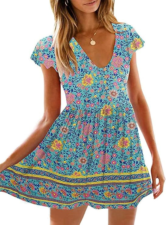 KIRUNDO 2023 Women's Summer Dresses Hot Short Sleeve V-Neck High Waist Floral Print Mini Boho Sun... | Amazon (US)