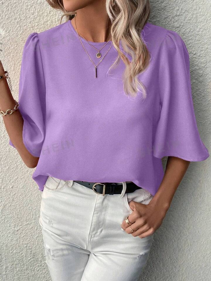 SHEIN LUNE Middle Sleeve Solid Color Puff Sleeve Shirt | SHEIN