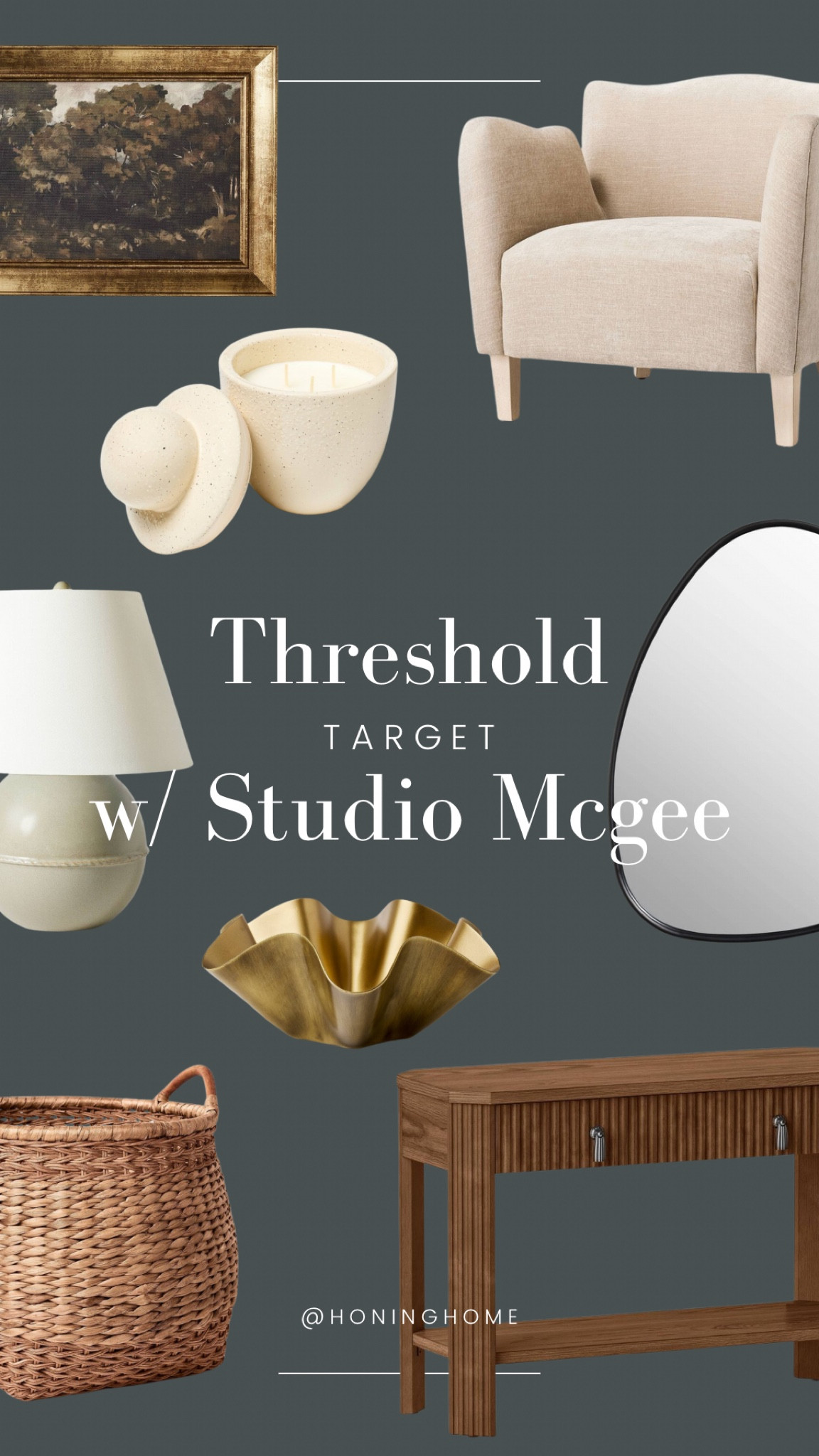 studio mcgee spring line, landscape art, oil painting, velvet beige accent chair, ceramic candle, ceramic lamp, accent lamp, wavy brass bowl, large basket, black mirror, fluted console table, target find, target home

#LTKstyletip #LTKSeasonal #LTKhome