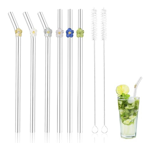 HMDZMR Reusable Straws Clear Glass Straws Shatter Resistant, Cute Flower Glass Straws Set of 3 Straight and 3 Bent with 2 Cleaning Brushes for Smoothies Milkshakes tea Juice | Amazon (US)