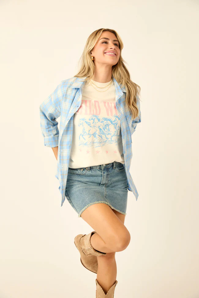 Rory Blue and Cream Plaid Button Down Top | Pink Lily