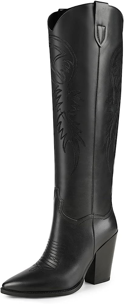 ISNOM Women's Western Boots Knee High Boots, Cowboy Cowgirl Embroidered Chunky Block Heel Pointed... | Amazon (US)