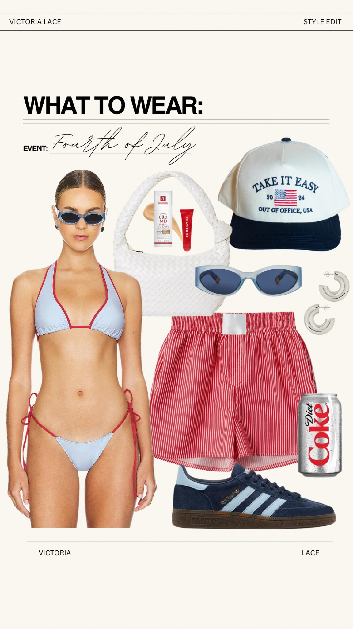 Fourth of July outfit inspo! The trendy girlie!!! Boxer shorts // this $36 trucker hat // revolve swimsuit // Target bag // navy sambas 

#red #white #blue #july4th #pool #beach #lake #amazon #accessories #sunglasses #freepeople #ishboutique