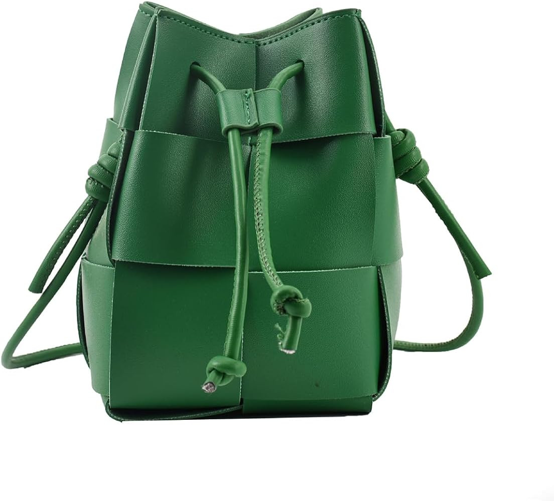 Women's Woven Bucket Bag Crossbody Handbag PU Square Lattice Drawstring Leather Small Shoulder Ba... | Amazon (US)
