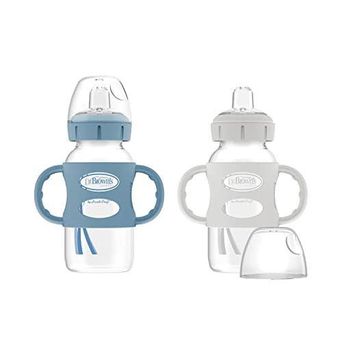 Dr. Brown's Milestones Wide-Neck Sippy Spout Bottle with 100% Silicone Handles, Easy-Grip Handles with Soft Sippy Spout, 9oz/270mL, Light-Blue & Gray, 6m+, 2 Count (Pack of 6) | Amazon (US)