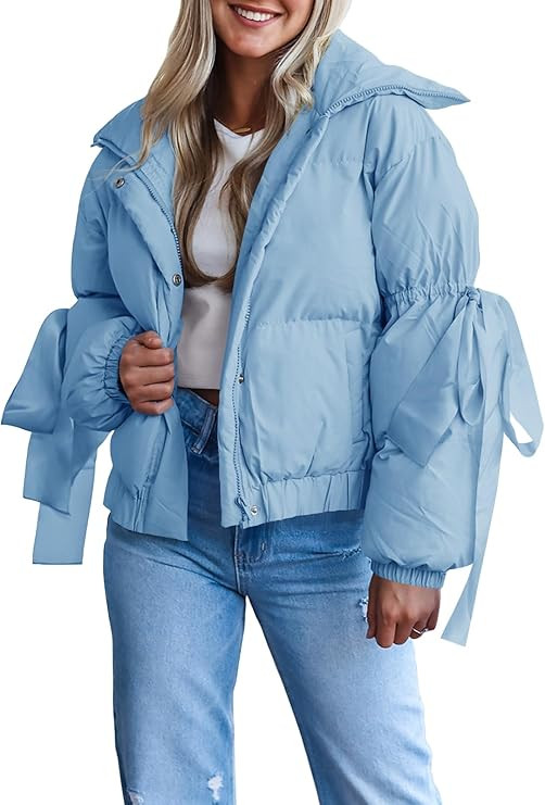 Tankaneo Womens Bow Puffer Jacket Winter Warm Cropped Quilted Jackets Baggy Short Down Coats | Amazon (US)