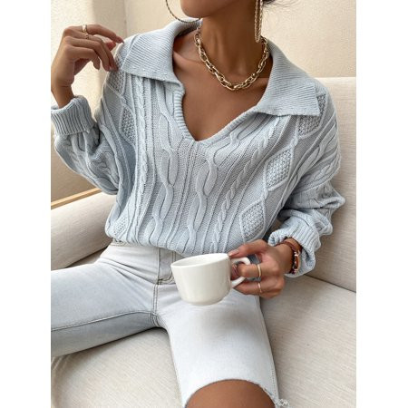 Light Grey V neck Collared Cable Knit Sweater | Walmart (US)